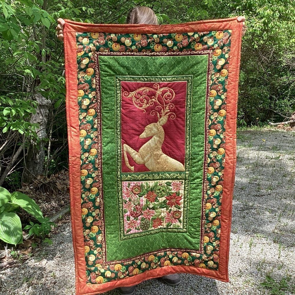 NWT. Hand Crafted Golden Reindeer Lap Quilt/Wall Hanging
